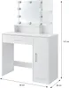 A white vanity table with a mirror and LED lights, a drawer, and a cabinet, shown with dimensions indicated. Náhľad obrázku produktu