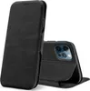A black flip case for an iPhone 12 Pro Max is shown from two angles, with one case standing upright and the other open, revealing the phone's camera module. Náhľad obrázku produktu