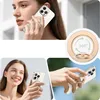 A collage of images showing a woman using a magnetic ring holder on her phone, a close-up of the ring holder, and another woman smiling while holding her phone with the ring holder. Podgląd zdjęcia produktu