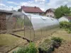 A greenhouse is set up in a backyard with houses and trees in the background. Produktbild-Vorschau