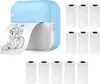 A light blue and white mini thermal printer is shown with a sheet of paper printing a black and white image of a cartoon horse. Several rolls of thermal paper are arranged to the right and below the printer. Produktbild-Vorschau