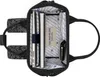 The inside of a black rucksack is shown, with a laptop, notebook, and wallet inside. Produktbild-Vorschau