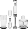 A white and silver Graef hand blender with accessories, including a whisk, a measuring cup, and a chopper attachment, is displayed against a white background. Produktbild-Vorschau