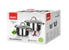 A product box for a 4-piece stainless steel cookware set, featuring images of the pots and some ingredients. Voir les images du produit