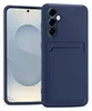 A dark blue phone case with a card slot is shown next to a smartphone. Produktbild-Vorschau