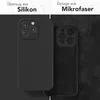 A split image showing two different phone cases. The left side shows a black silicone phone case on a plain dark background. The right side shows the interior of a black phone case with a microfiber lining, on a textured dark background. Produktbild-Vorschau