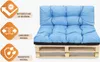 A light blue pallet cushion set on a wooden pallet, with feature icons and text on the left. Náhľad obrázku produktu