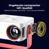 A close-up marketing image of a white and red mini projector, highlighting its built-in speaker. Produktbild-Vorschau