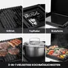 A collage of images showing different parts and uses of a table gas grill, including grilling, cooking with a pot, and a griddle pan. Produktbild-Vorschau