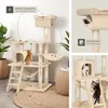 A multi-panel image showcasing a cat tree with various features and different cats interacting with it. Náhled obrázku produktu