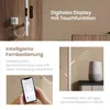 Collage of images showing a white electric towel warmer, a smartphone displaying an app, and a smart speaker. Produktbild-Vorschau