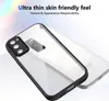 A clear phone case with a black bumper is shown on a white and light gray background, with text overlay. Produktbild-Vorschau