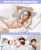 A woman is sleeping on a bed with a special pillow designed for different sleeping positions. Below are three smaller images showing the pillow in use for different sleeping styles. Produktbild-Vorschau