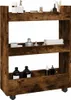 A narrow, three-tier storage cart with wheels, made of wood-look material, is shown against a white background. It is stocked with various bathroom or vanity items. Náhled obrázku produktu