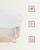 Close-up of a white round table with a beige fabric basket underneath, showing three icons on the right side. Produktbild-Vorschau