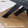 Close-up view of a black metal table leg structure attached to a wooden floor, with text overlay. Voir les images du produit