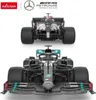 A collage of two images showing a Mercedes-AMG F1 W11 EQ Performance model car from the front and rear. Produktbild-Vorschau