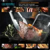 A close-up of a steak being grilled, with smaller images of various foods at the top and bottom. Produktbild-Vorschau