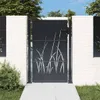 A dark gray metal garden gate with a grass design, set between two white stone pillars, with a pathway leading to it and greenery around. Produktbild-Vorschau