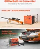 The image shows a portable power converter being used in two different scenarios: home use with a rifle and scope, and outdoor use connected to a car battery with another rifle. Produktbild-Vorschau