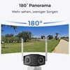 A security camera with dual lenses is shown in front of a panoramic outdoor scene, highlighting its wide field of view. Produktbild-Vorschau