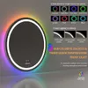 A round LED mirror with RGB backlighting and front lighting options, showcasing different color modes and light temperatures. Anteprima dell’immagine prodotto