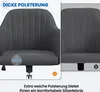 Close-up of a gray office chair with text overlays highlighting features. Produktbild-Vorschau