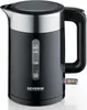 A black electric kettle with a silver accent ring and a transparent water level indicator with volume markings. Produktbild-Vorschau