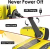 A collage of three images showing different ways to power a yellow emergency radio: USB charging, hand crank, and solar power. Produktbild-Vorschau