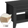 A close-up view of a black coffee table with a detail showing P2 MDF material. Produktbild-Vorschau