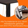 Close-up of a table edge and a caliper measuring the thickness of the material, with marketing text overlay. Produktbild-Vorschau