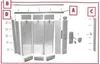 An exploded diagram of a folding door kit, showing all the components laid out and labeled with letters. Produktbild-Vorschau