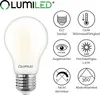 A LUMILED A60 LED lamp is shown next to several circular icons detailing its features. Produktbild-Vorschau