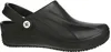 A black clog-style shoe with a strap is shown from the side against a white background. Produktbild-Vorschau