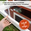 A hand is shown pulling out a cleaning tray from a wooden structure, possibly a pet house or coop, with grass in the background. Produktbild-Vorschau