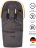 A dark gray footmuff with a cream-colored fuzzy lining, shown upright against a white background. To the right of the footmuff are several icons with German text, indicating product features and origin. Produktbild-Vorschau