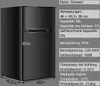 A black mini-refrigerator with a side panel displaying its specifications. Produktbild-Vorschau
