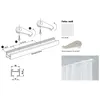 Diagrams and images showing the installation and components of a curtain rail system, along with a lifestyle shot of the installed rail with curtains. Produktbild-Vorschau