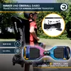 A child is sitting on a hoverboard outdoors, with a carrying bag behind them. The image includes marketing text and graphics. Produktbild-Vorschau