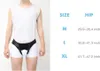 A man wearing a hernia belt, with a size chart next to him. Produktbild-Vorschau