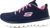 A side view of a navy blue Skechers sneaker with pink laces and accents. Voir les images du produit