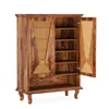 A wooden shoe cabinet with rattan doors, shown with one door open to reveal shelves. Anteprima dell’immagine prodotto