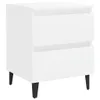 A white bedside table with two drawers and black legs, shown against a white background. Produktbild-Vorschau