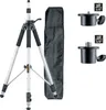 A tripod and its carrying bag are displayed on a white background, along with two adapter pieces. Voir les images du produit