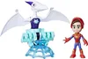 Two toys are displayed against a white background. One is a white pterodactyl-like creature with purple accents and a blue accessory. The other is a small, stylized figure of Spider-Man. Voir les images du produit