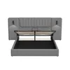 A grey upholstered bed frame with the storage lift mechanism open, revealing the mattress support slats. Produktbild-Vorschau