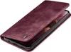 A burgundy flip case for a smartphone is shown at an angle, with the phone partially visible inside. Produktbild-Vorschau