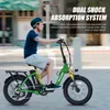 A person riding a green electric bicycle on a street. Produktbild-Vorschau
