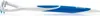 A side view of a blue and white tongue scraper against a white background. Podgląd zdjęcia produktu
