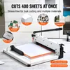 A paper cutter is shown on a table with various paper products and marketing text. Produktbild-Vorschau